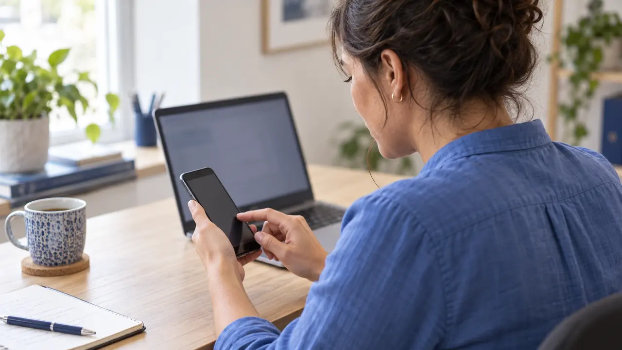 A person using a phone beside a laptop for account access.
