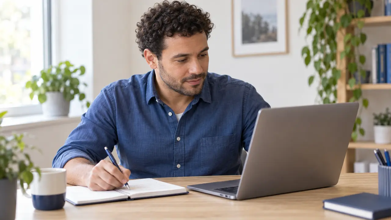 A person consulting a notebook while working on a laptop.
