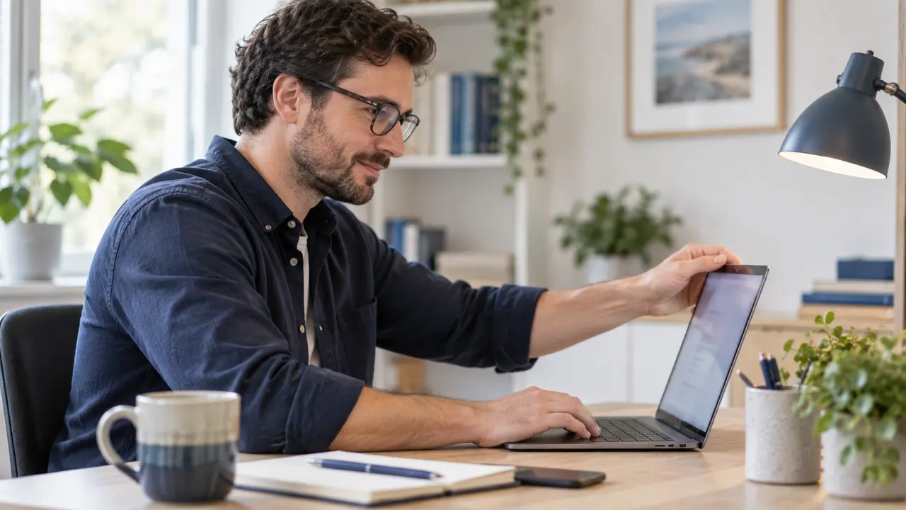 A hand adjusting a laptop display in a comfortable workspace.