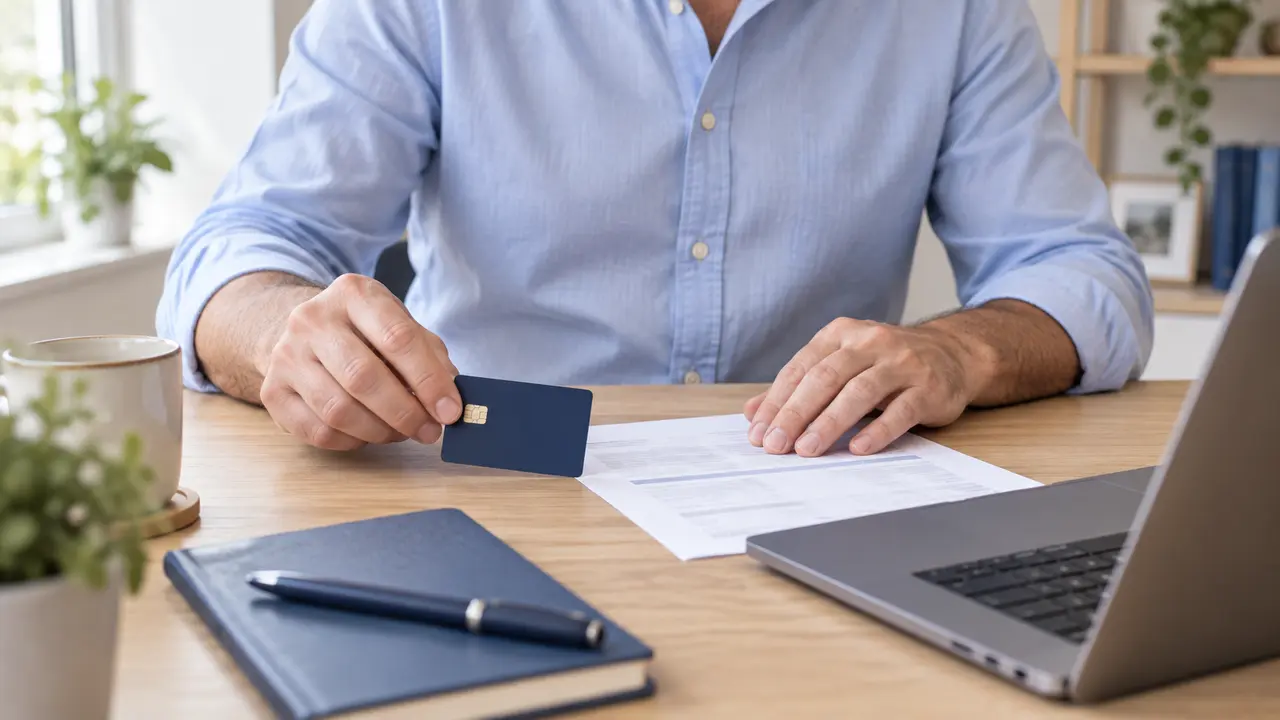 Hands organising a payment card and billing paperwork beside a laptop.