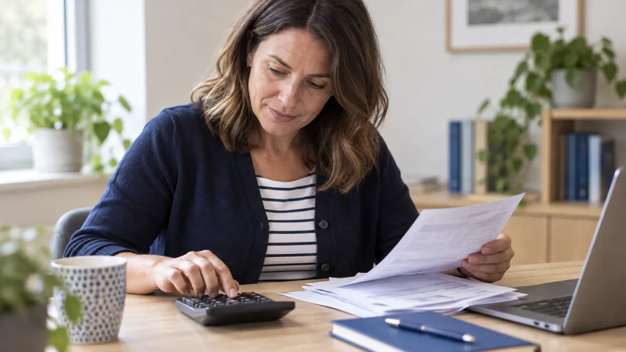 A person checking invoices with a calculator.