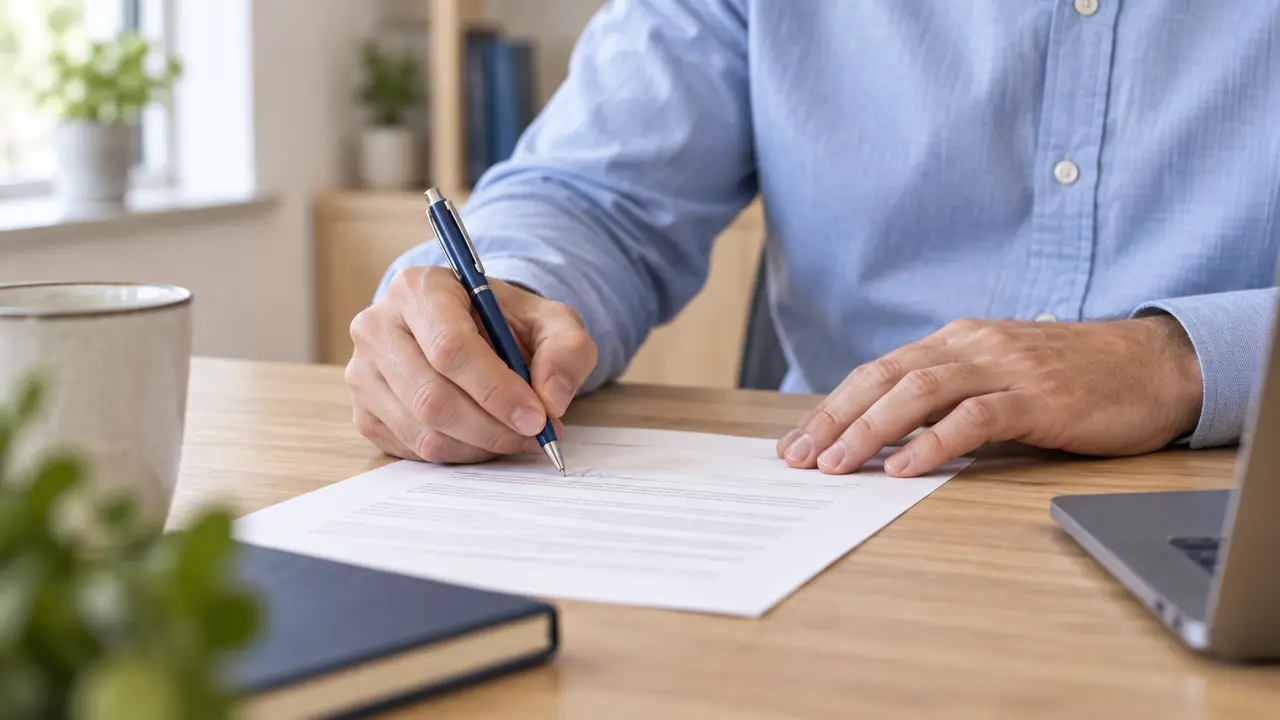 Hands signing an agreement with a blue pen.