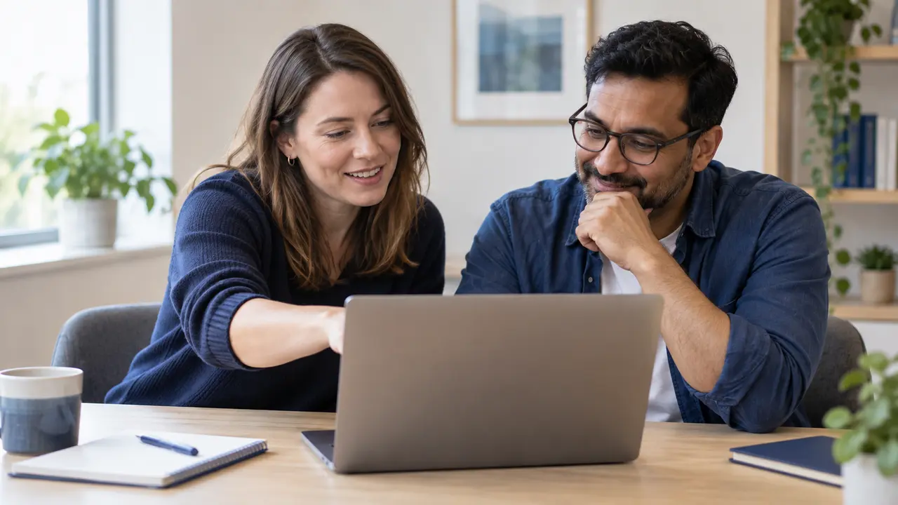 Two colleagues exploring software together in a learning session.
