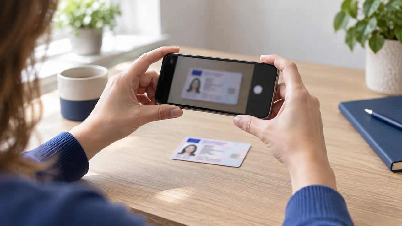 Hands holding a phone above an identity document on a desk.