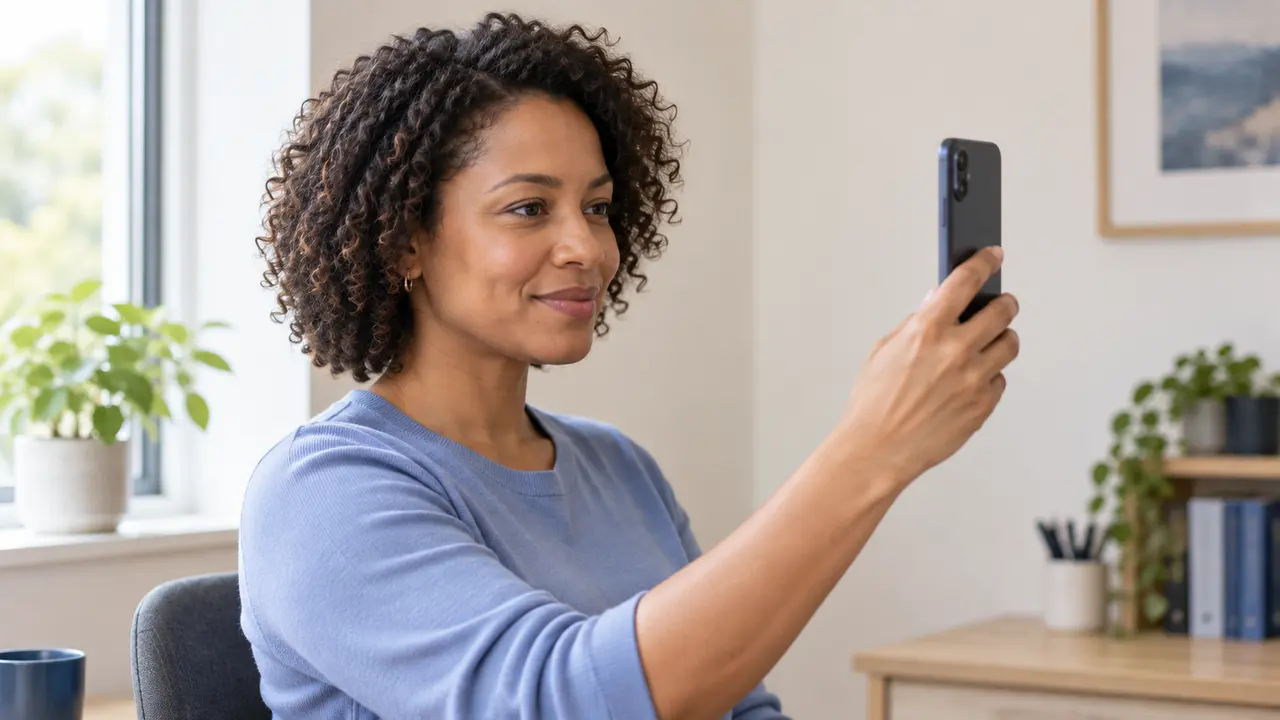 A person holding a phone at eye level for a face photo.