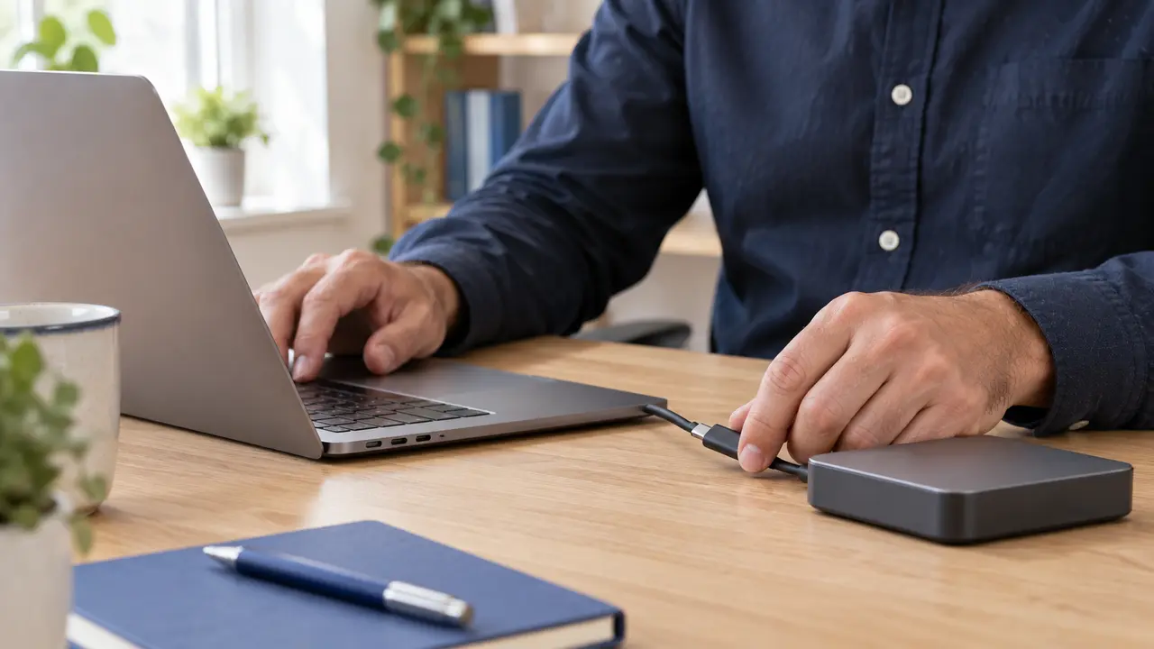 Hands connecting a cable to a laptop.