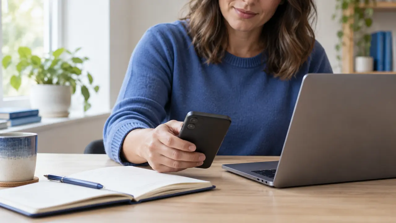 A hand picking up a phone beside a laptop and notebook.