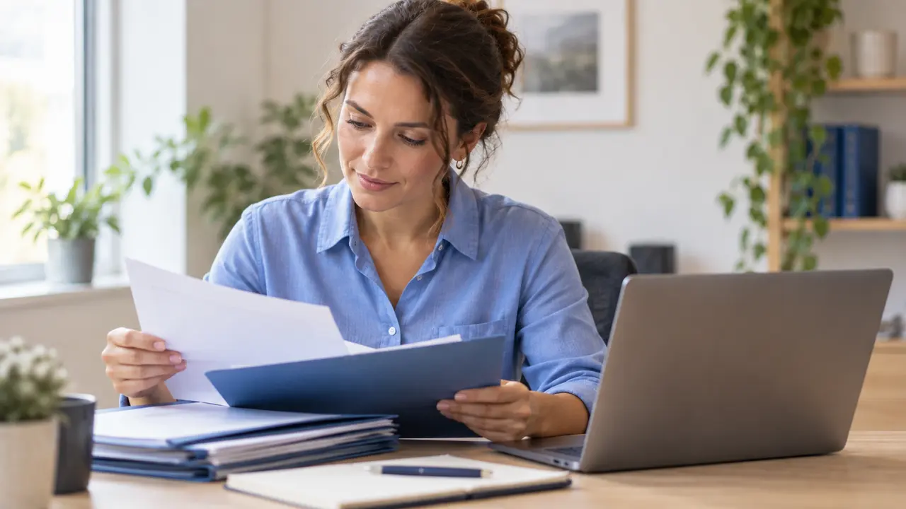 A coordinator reviewing applicant folders beside a laptop.