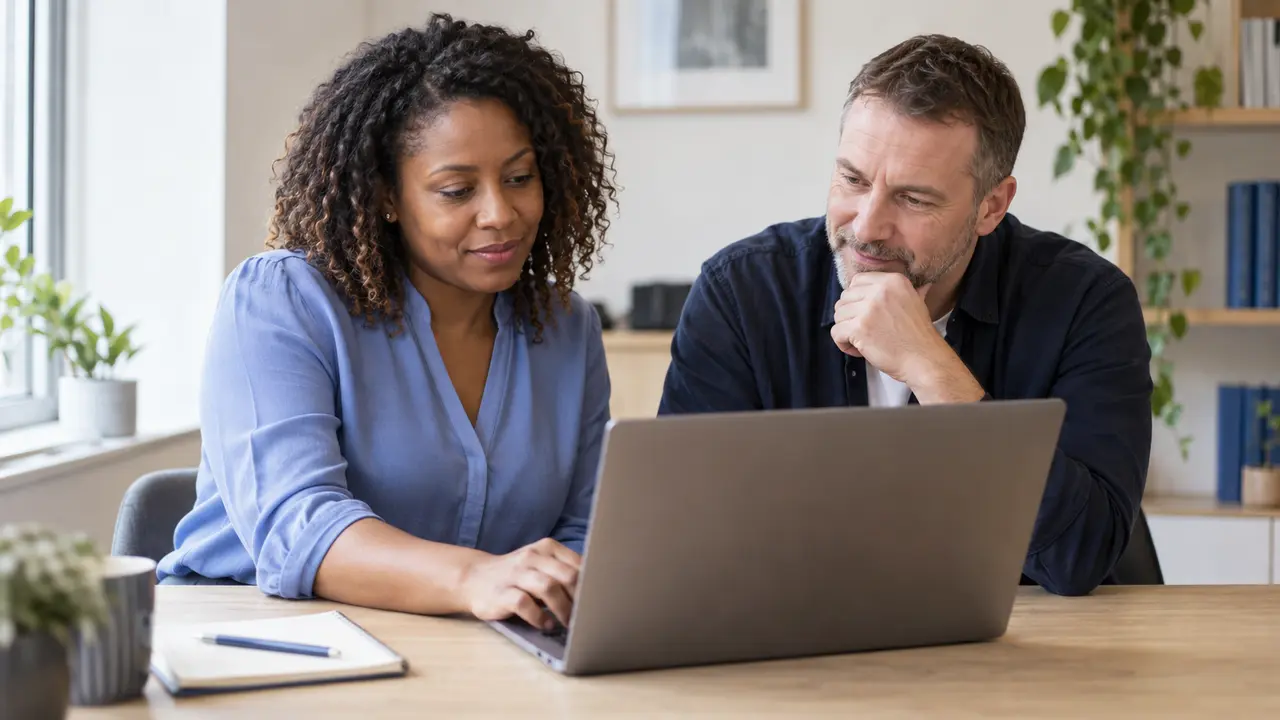 Two colleagues reviewing a laptop together.