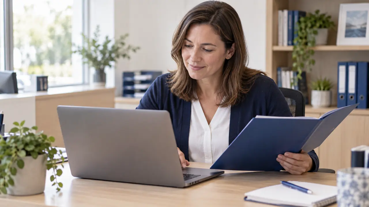 An administrator reviewing organisation records at a laptop.