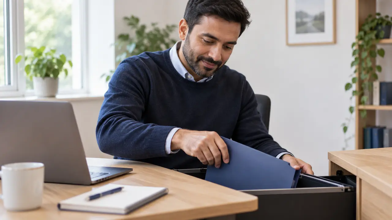 A person placing a closed folder safely in a desk drawer.