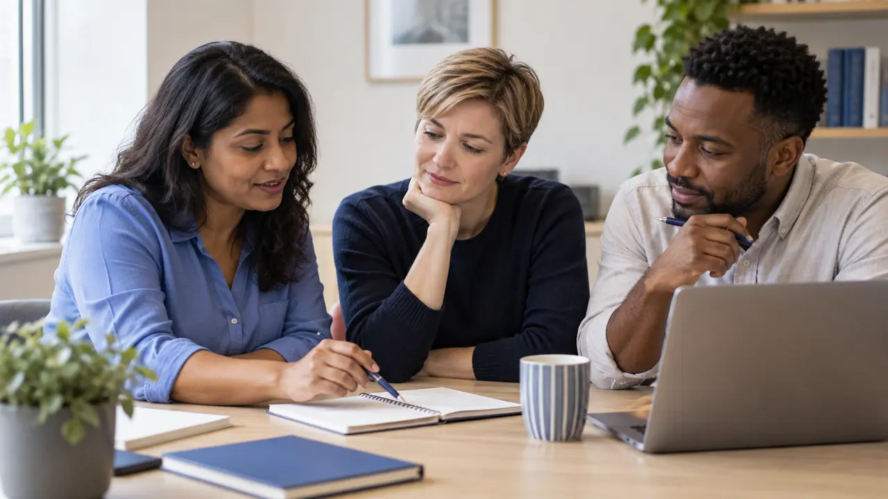 Three colleagues planning their work around a meeting table.