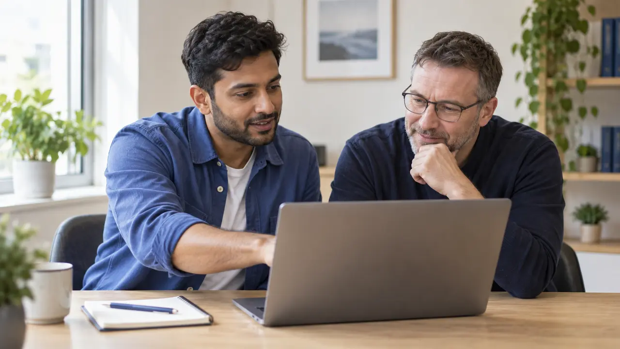 A colleague helping someone resolve a laptop issue.